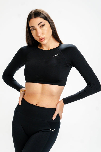 Seamless Long Sleeve Crop Top - Black - NHASR